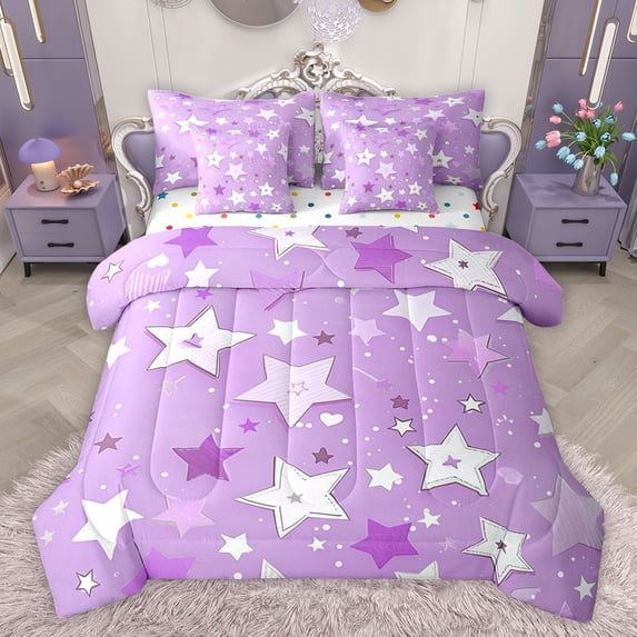 Castle Fairy Cartoon Stars Print Bedding Comforter Set 7 Pieces for Kids Children Teens,Dreamy Princess Full Bedding Set Lightweight,Purple White Fitted Sheet Flat Sheet,Breathable Home Decor