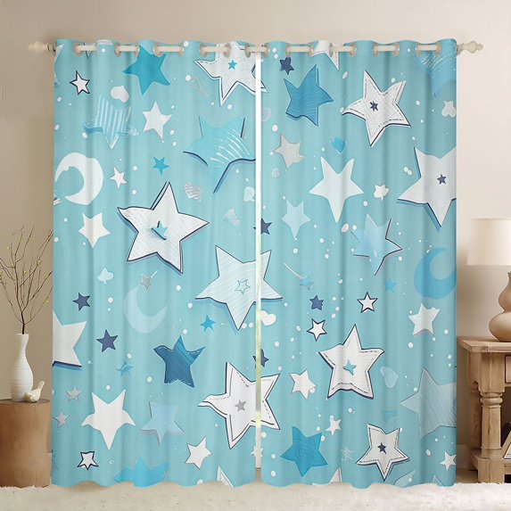 Castle Fairy Cartoon Stars Print Black Out Curtains for Kids Children Teens,Dreamy Princess Curtains Pack of 2 (42x63 Each),Blue White Bedroom Curtains,Breathable Home Decor