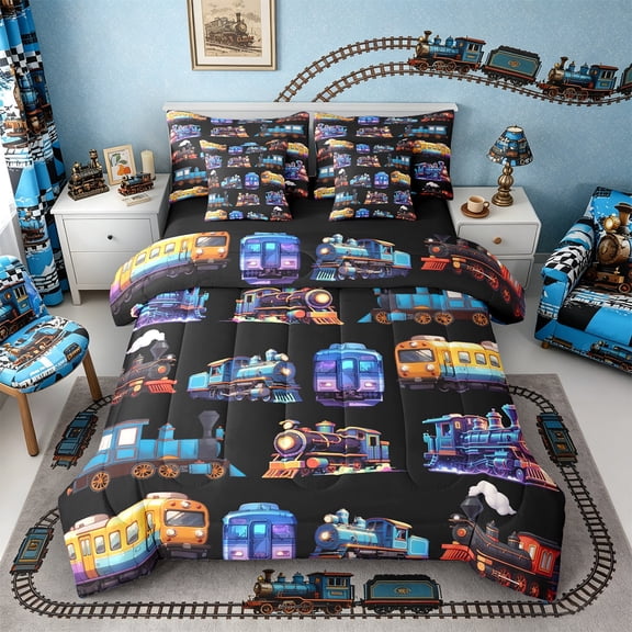 Castle Fairy Cartoon Steam Train Twin Bedding Sets 7-Piece for Kids, Colorful Locomotive Railway Bedding Comforter Set for Bedroom, Blue Purple Yellow,Black Reversible