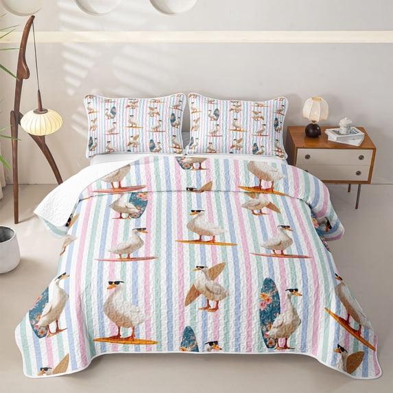 Castle Fairy Cartoon Surf Duck Stripe Tile Quilt Full,Sunglass Bird Pastel Striped Background Full Bedspread Sets,Pink Sky