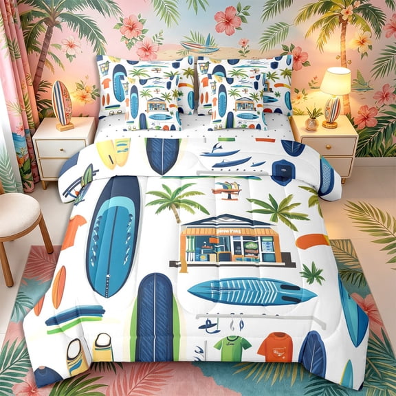 Castle Fairy Cartoon Surf Shop Gear Full Size Bedding Sets 7 Pieces,Tropical Palm Merch Layout Full Size Bed in a Bag,Blue Orange,Reversible