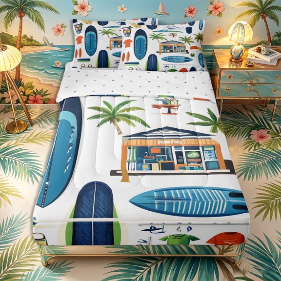 Castle Fairy Cartoon Surf Shop Gear Zipper Queen Comforter Set with Fitted Sheet and 2 Pillowcases,Tropical Palm Merch Layout Zipper Bedding Set,Blue Orange,Reversible,4 Pieces