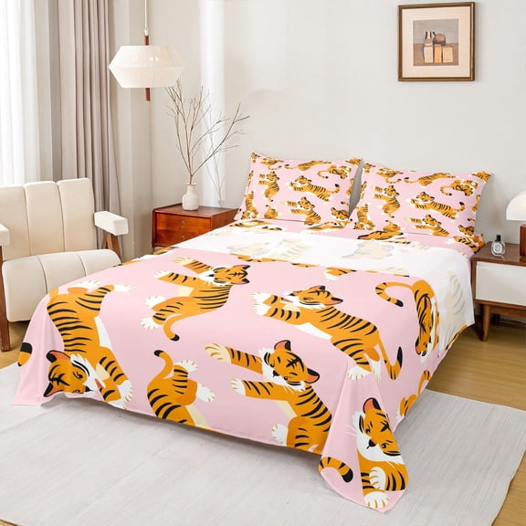 Castle Fairy Cartoon Tiger Animal 4-Piece Full Size Sheets for Children Teens,Kawaii Wildlife Bed Sheets,Pink Orange Lightweight Sheet Sets,Ultra Soft Home Decor