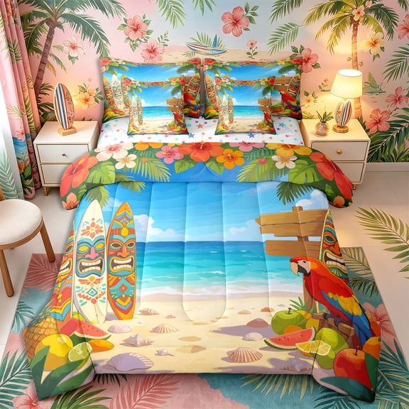 Castle Fairy Cartoon Tiki Surf Beach Full Size Bedding Sets 7 Pieces,Hibiscus Parrot Tropical Scene Full Size Bed in a Bag,Sand Turquoise,Reversible