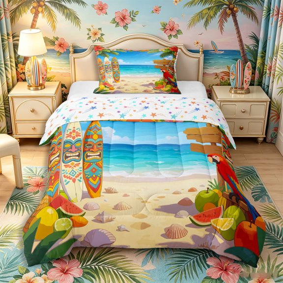 Castle Fairy Cartoon Tiki Surf Beach Twin Comforter Sets 2pcs,Hibiscus Parrot Tropical Scene Bedding Set,Sand Turquoise,Reversible,1 Comforter and 1 Pillowcase