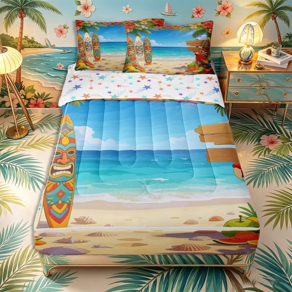 Castle Fairy Cartoon Tiki Surf Beach Zipper Queen Comforter Set with Fitted Sheet and 2 Pillowcases,Hibiscus Parrot Tropical Scene Zipper Bedding Set,Sand Turquoise,Reversible,4 Pieces