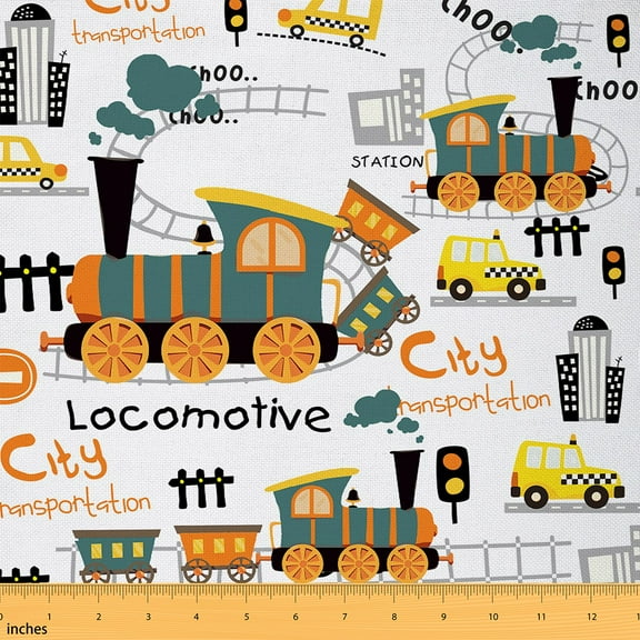 Castle Fairy Cartoon Train Fabric by the Yard 2 Yards for Kids,Yellow Car Room Decor Fabric by the Yard,Railway Railroad Sewing Fabric,Ultra Soft Home Decor