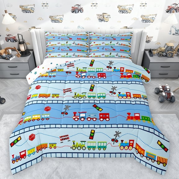 Castle Fairy Cartoon Train Full Size Comforter Sets 3-Piece for Preppy Kids Children,Steam Engine Railway Railroad Bedding Comforter Set,Railway Transportation Theme Lightweight Bedding Sets