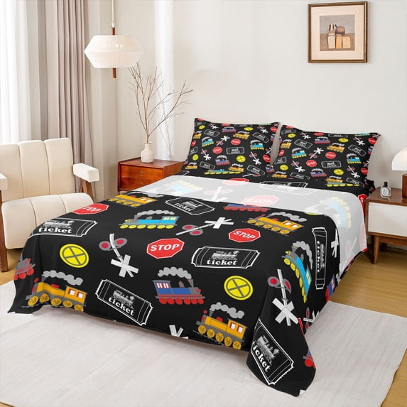 Castle Fairy Cartoon Train Pattern Bed Sheets 4pcs for Teens, Ticket Print King Sheets for Bedroom, Black Red