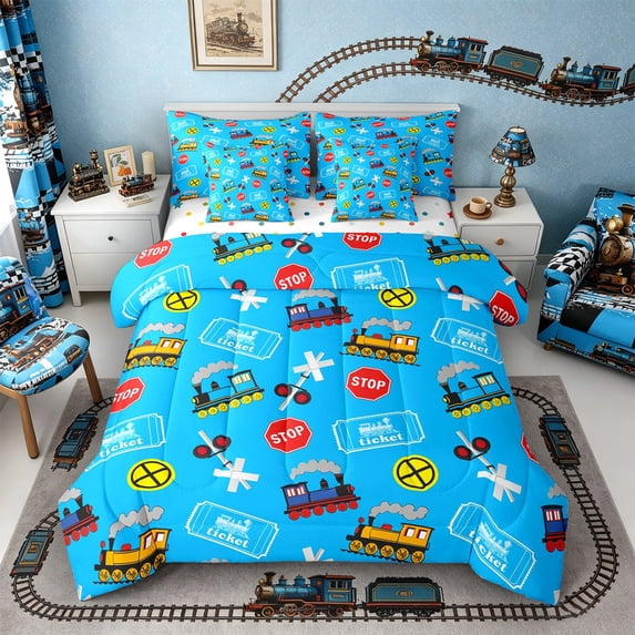 Castle Fairy Cartoon Train Pattern Bedding Comforter Set 7pcs for Boys, Ticket Art Queen Bedding Sets for Bedroom, Blue Red