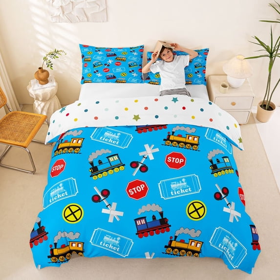 Castle Fairy Cartoon Train Pattern Queen Duvet Cover Set for Boys, Ticket Art Bedding for Bedroom, Blue Red,3-Piece,No Comforter