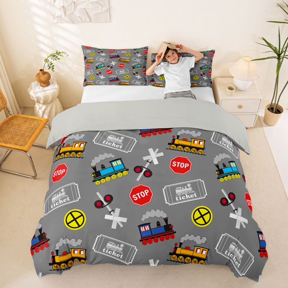 Castle Fairy Cartoon Train Pattern Queen Duvet Cover Set for Boys, Ticket Print Bedding for Bedroom, Gray Red,Grey Reversible,3-Piece,No Comforter