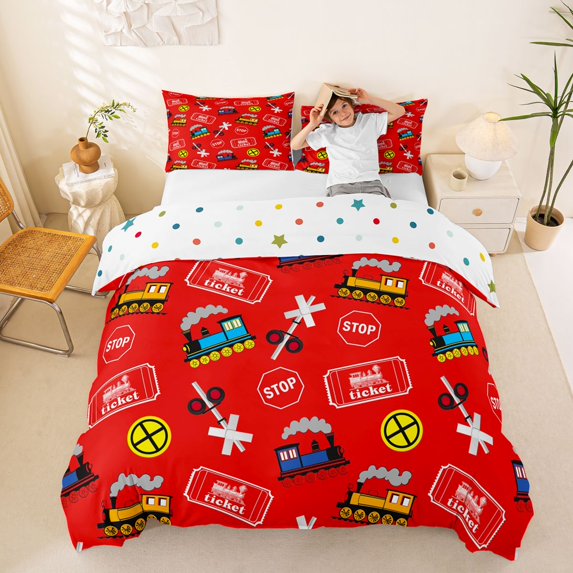 Castle Fairy Cartoon Train Pattern Queen Duvet Cover Set for Teens, Ticket Art Bedding for Bedroom, Red Yellow,3-Piece,No Comforter