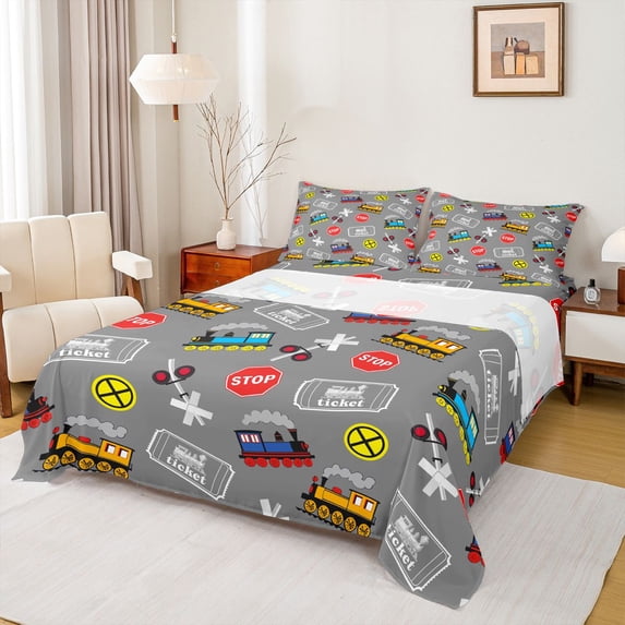 Castle Fairy Cartoon Train Pattern Queen Sheet Sets 4 Pieces for Boys, Ticket Print Bed Set for Bedroom, Gray Red