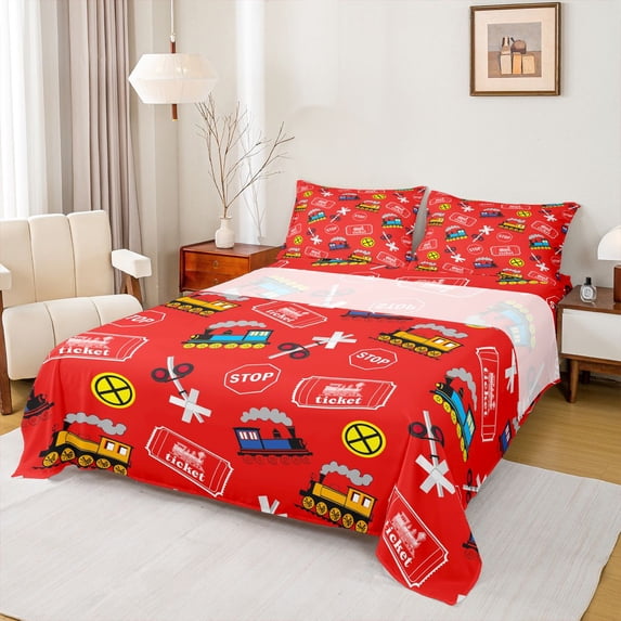 Castle Fairy Cartoon Train Pattern Queen Sheet Sets 4 Pieces for Teens, Ticket Art Bed Set for Bedroom, Red Yellow
