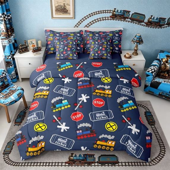 Castle Fairy Cartoon Train Pattern Twin Bedding Sets 7-Piece for Kids, Ticket Art Bedding Comforter Set for Bedroom, Navy Red,Navy Blue Reversible