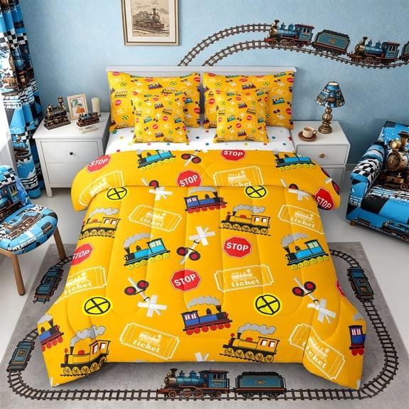 Castle Fairy Cartoon Train Pattern Twin Bedding Sets 7-Piece for Kids, Ticket Print Bedding Comforter Set for Bedroom, Yellow Red