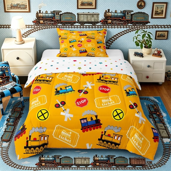 Castle Fairy Cartoon Train Pattern Twin Comforter Sets 3-Piece for Kids, Ticket Print Bedding Set for Bedroom, Yellow Red