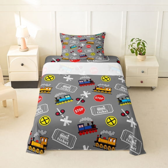 Castle Fairy Cartoon Train Pattern Twin Sheet Sets 3pcs for Boys, Ticket Print Bedding for Bedroom, Gray Red
