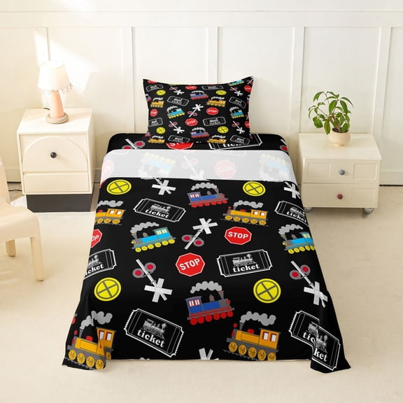 Castle Fairy Cartoon Train Pattern Twin Sheet Sets 3pcs for Teens, Ticket Print Bedding for Bedroom, Black Red