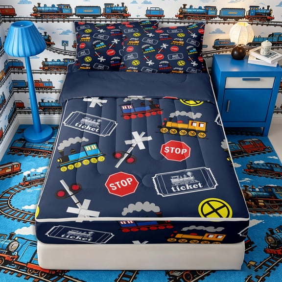 Castle Fairy Cartoon Train Pattern Zipper Twin Comforter Sets with Fitted Sheet and 2 Pillowcases,Ticket Art Zipper Bedding Set for Bedroom,Navy Red,4-Piece,Navy Blue Reversible