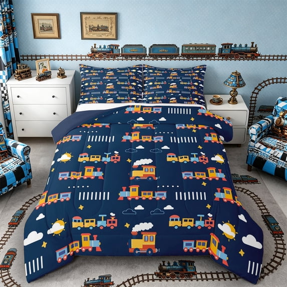 Castle Fairy Cartoon Train Queen Comforter Set 3pcs for Boys, Cloud Star Art Bedding Comforter Set for Bedroom, Navy Yellow,Navy Blue Reversible