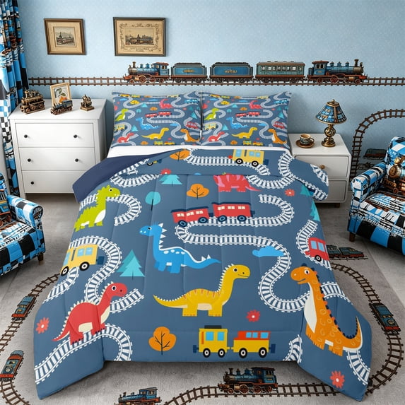 Castle Fairy Cartoon Train Queen Comforter Set 3pcs for Kids, Dinosaur Pattern Bedding Comforter Set for Bedroom, Blue Red,Navy Blue Reversible