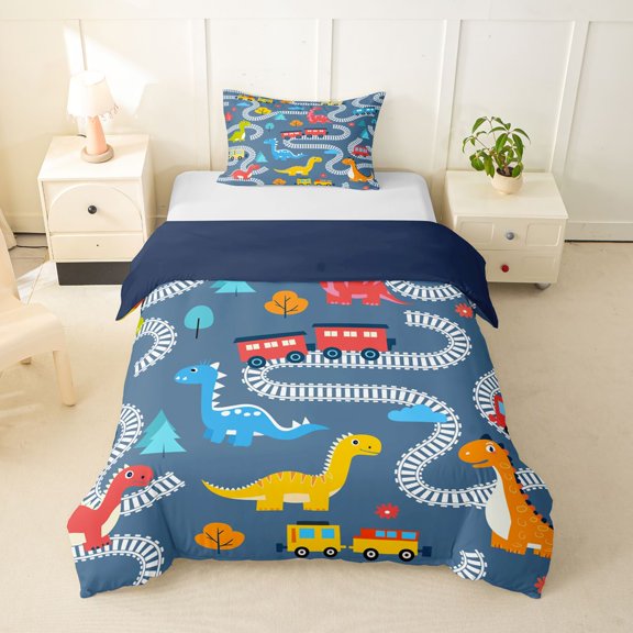 Castle Fairy Cartoon Train Twin Bedding for Kids, Dinosaur Pattern Duvet Cover Set for Bedroom, Blue Red,Navy Blue Reversible,2pcs,No Comforter