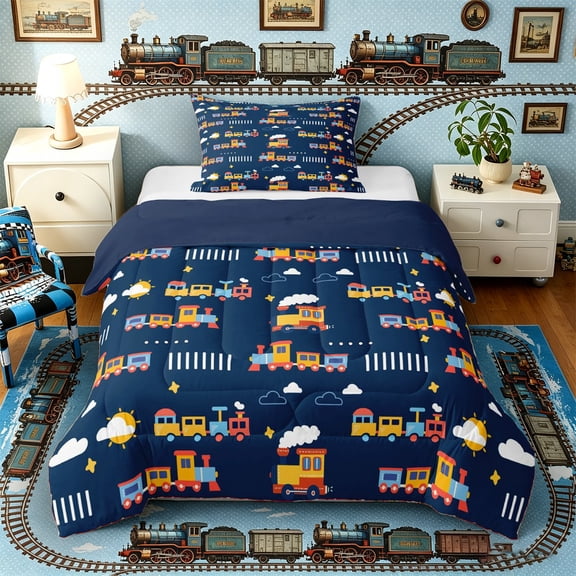 Castle Fairy Cartoon Train Twin Comforter Sets 3-Piece for Boys, Cloud Star Art Bedding Set for Bedroom, Navy Yellow,Navy Blue Reversible