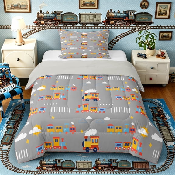 Castle Fairy Cartoon Train Twin Comforter Sets 3-Piece for Kids, Cloud Star Print Bedding Set for Bedroom, Gray Yellow,Grey Reversible