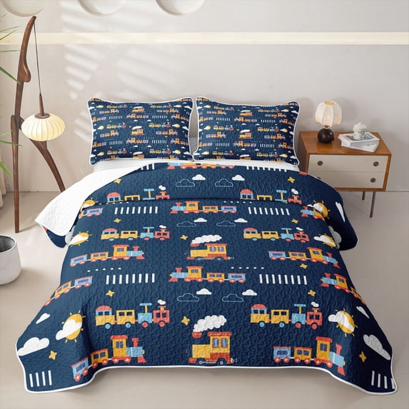 Castle Fairy Cartoon Train Twin Quilt Set for Boys,Cloud Star Art Twin Coverlet Set for Bedroom,Navy Yellow