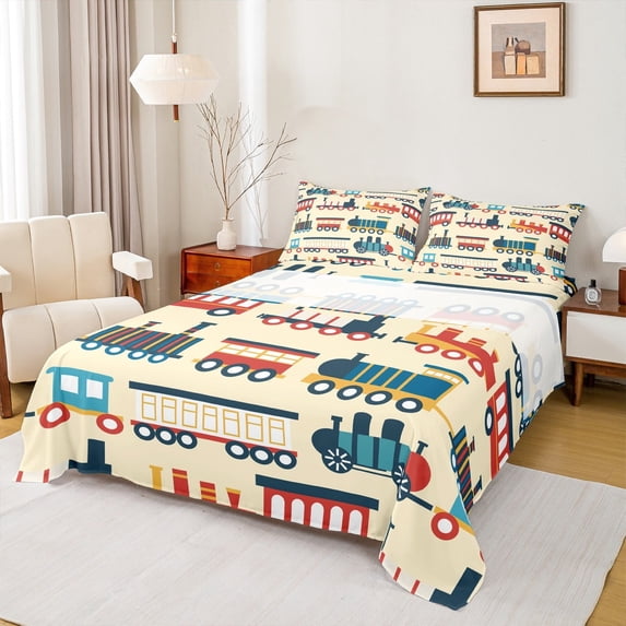 Castle Fairy Cartoon Train Twin Sheet Sets 3pcs for Kids Teens,Steam Engine Twin Fitted Sheet Microfiber,Railway Railroad Breathable Flat Sheet,Lightweight Room Decor