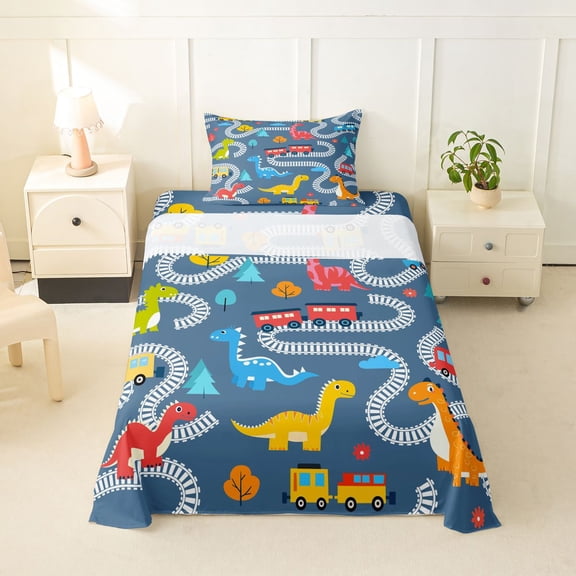 Castle Fairy Cartoon Train Twin Sheet Sets 3pcs for Kids, Dinosaur Pattern Bedding for Bedroom, Blue Red