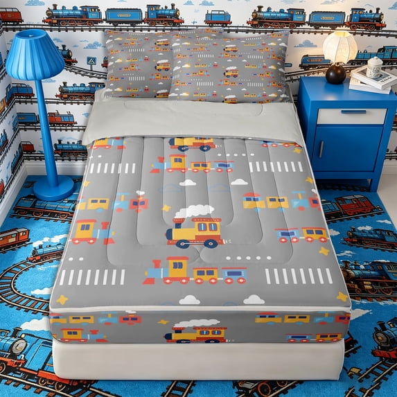 Castle Fairy Cartoon Train Zipper Full Size Comforter Sets with Fitted Sheet and 2 Pillowcases,Cloud Star Print Zipper Bedding Set for Bedroom,Gray Yellow,4pcs,Grey Reversible
