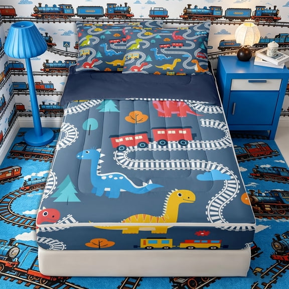 Castle Fairy Cartoon Train Zipper Twin Comforter Sets with Fitted Sheet and 2 Pillowcases,Dinosaur Pattern Zipper Bedding Set for Bedroom,Blue Red,4-Piece,Navy Blue Reversible