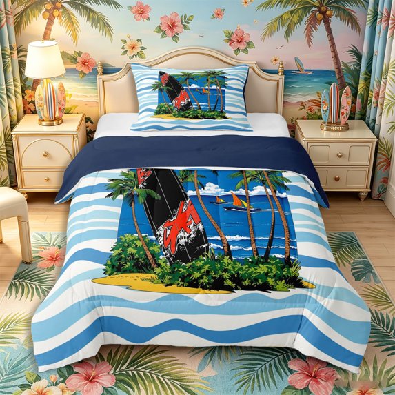 Castle Fairy Cartoon Tropical Surf Board Twin Comforter Sets 2pcs,Palm Boat Wave Striped Background Bedding Set,Blue Sand,Navy Blue Reversible,1 Comforter and 1 Pillowcase