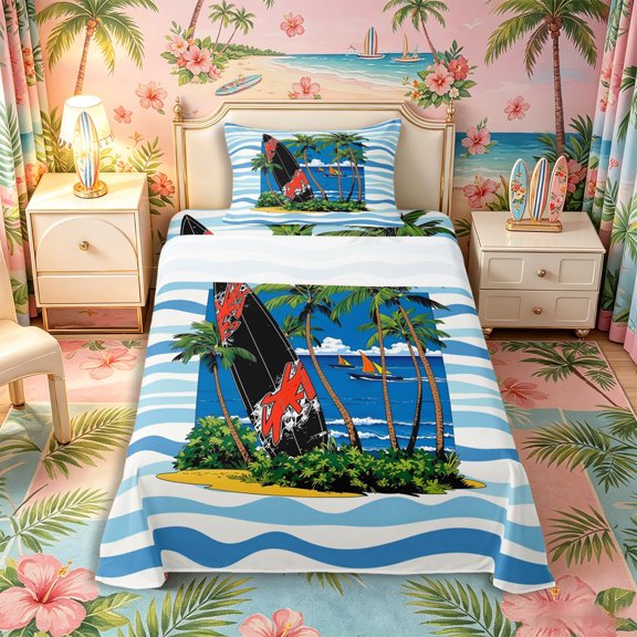 Castle Fairy Cartoon Tropical Surf Board Twin Sheets 3pcs,Palm Boat Wave Striped Background Bedding,Blue Sand,1 Fitted Sheet,1 Flat Sheet and 1 Pillowcase