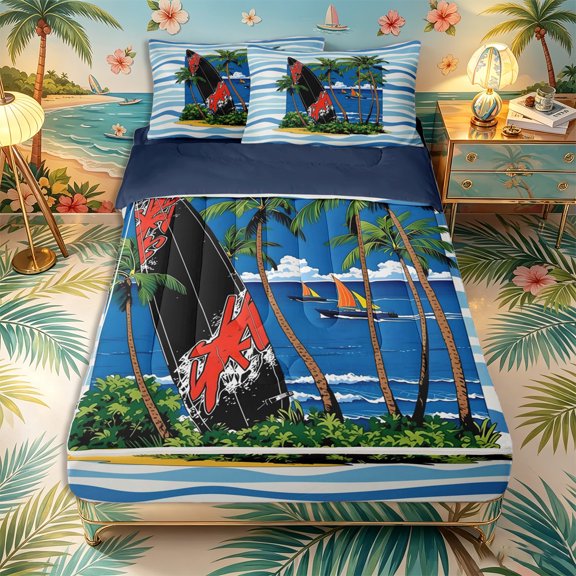 Castle Fairy Cartoon Tropical Surf Board Zipper Twin Comforter Sets with Fitted Sheet and 2 Pillowcases,Palm Boat Wave Striped Background Zipper Bedding Set,Blue Sand,Navy Blue Reversible,4-Piece