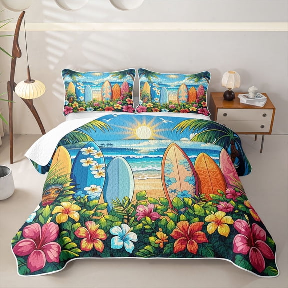 Castle Fairy Cartoon Tropical Surfboard Bed Spread Queen,Hibiscus Palm Beach Scene Queen Coverlet Set,Blue Orange