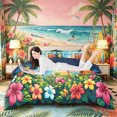 thumbnail image 1 of Castle Fairy Cartoon Tropical Surfboard Bedding,Hibiscus Palm Beach Scene Duvet Cover Full,Blue Orange,Navy Blue Reversible,3pcs,No Comforter,1 Duvet Cover and 2 Pillowcases, 1 of 5
