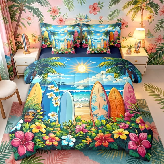 Castle Fairy Cartoon Tropical Surfboard Full Size Bedding Sets 7 Pieces,Hibiscus Palm Beach Scene Full Size Bed in a Bag,Blue Orange,Navy Blue Reversible
