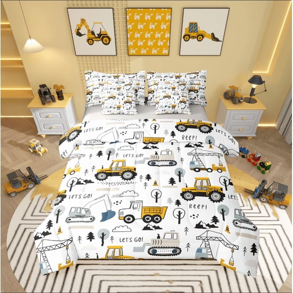 Castle Fairy Cartoon Truck 7-Piece King Bedding Set: Construction Vehicles Equipment Car Lightweight Decor