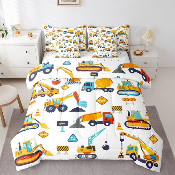 Castle Fairy Cartoon Truck 7Pcs Bedding Comforter Set for Boys Teens Men,Kawaii Car Queen Bedding Sets Super Cozy,Transportation Theme Queen Sheet Sets,Microfiber Bedroom Decor