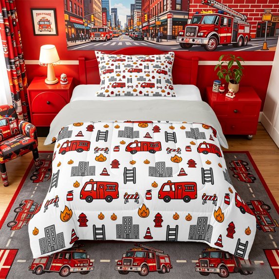 Castle Fairy Cartoon Truck Twin Comforter Sets 3-Piece for Kids,Flame Print Bedding Set for Bedroom,Red White,Grey Reversible