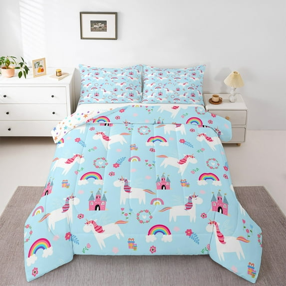 Castle Fairy Cartoon Unicorn 2Pcs Bedding Comforter Set for Girls Kids,Princess Castle Twin Comforter Sets,Girly Flower Rainbow Breathable Bedding Set,Super Cozy Room Decor