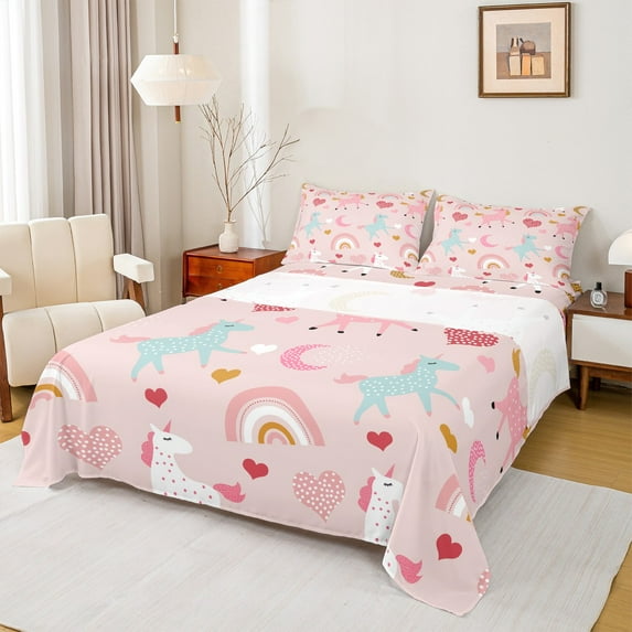 Castle Fairy Cartoon Unicorn 3pcs Twin Sheet Sets for Child,Kawaii Rainbow Twin Fitted Sheet,Polka Dots Breathable Flat Sheet,Luxury Bedroom Decor