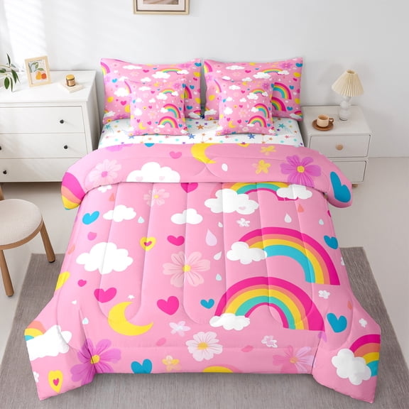 Castle Fairy Cartoon Unicorn 7 Pieces Bedding Comforter Set,Kawaii Flower Full Bedding Set Lightweight,Cute Fitted Sheet Flat Sheet for Kids Children Girls,Lightweight Room Decor