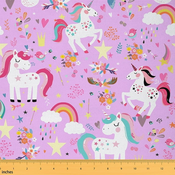 Castle Fairy Cartoon Unicorn Fabric by the Yard 3 Yards for Girls,Chic Flower Sewing Fabric,Rainbow Stars Fabric for Sewing,Ultra Soft Home Decor