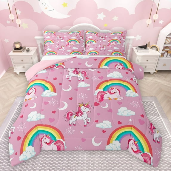 Castle Fairy Cartoon Unicorn Full Size Comforter Sets 3-Piece for Preppy Child Girls,Kawaii Rainbow Animal Bedding Comforter Set,Love Heart Print Lightweight Bedding Sets,Microfiber Bedroom Decor