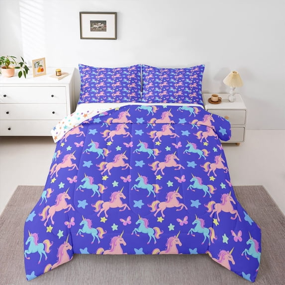 Castle Fairy Cartoon Unicorn Full Size Comforter Sets,Colorful Stars Print Bedding Sets